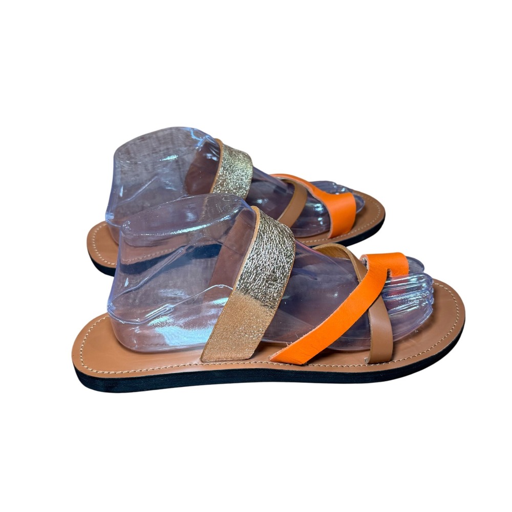 Ikwetta Handcrafted Leather Sandals Kenya Orange Gold Strappy Flat Slides 41 - Picture 3 of 11